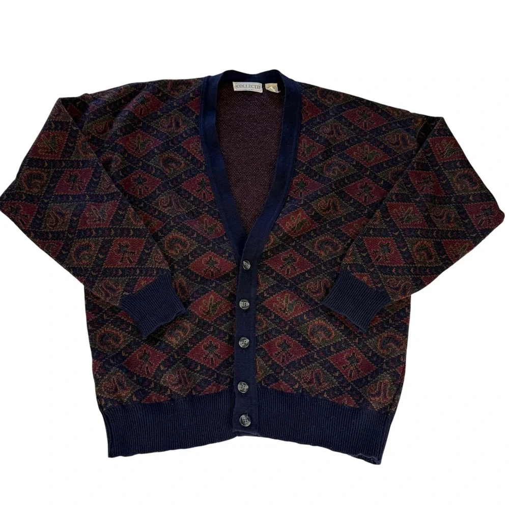 Collectif Mens Vintage Geometric Cardigan Sweater Wool Blend Made in Italy Large